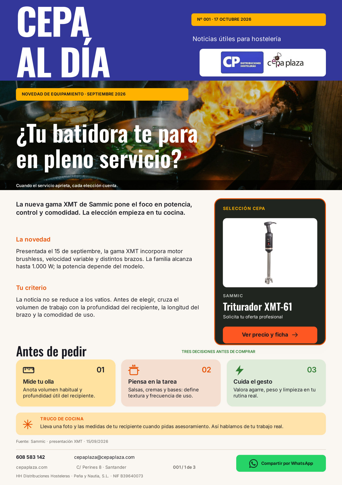 CEPA AL DÍA, página 1 de 3. ¿Tu batidora te para en pleno servicio? Cuando el servicio aprieta, cada elección cuenta. Artículo completo disponible en Leer en texto.