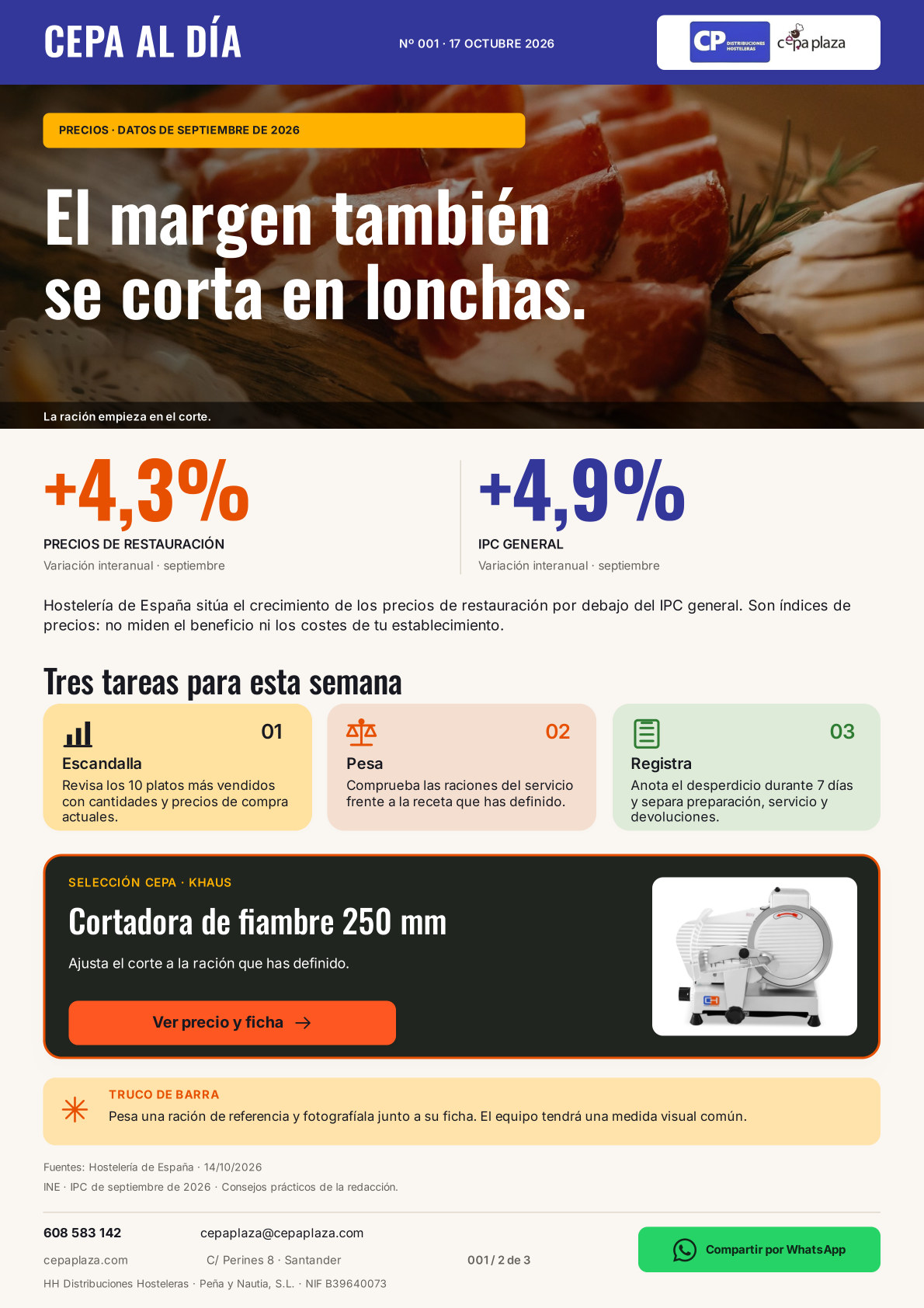 CEPA AL DÍA, página 2 de 3. El margen también se corta en lonchas. La ración empieza en el corte. Artículo completo disponible en Leer en texto.