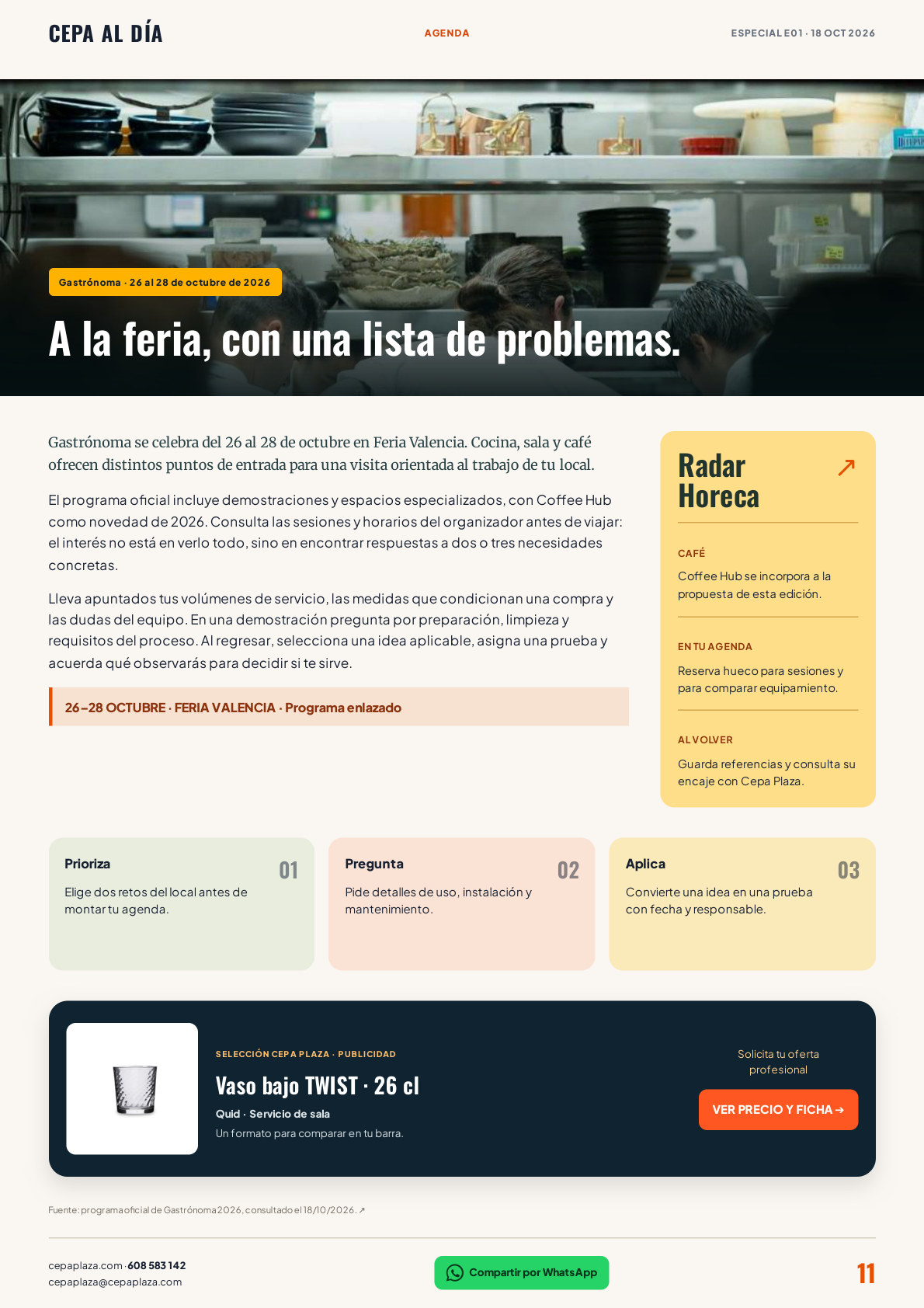 CEPA AL DÍA, página 11 de 12. A la feria, con una lista de problemas.  Artículo completo disponible en Leer en texto.