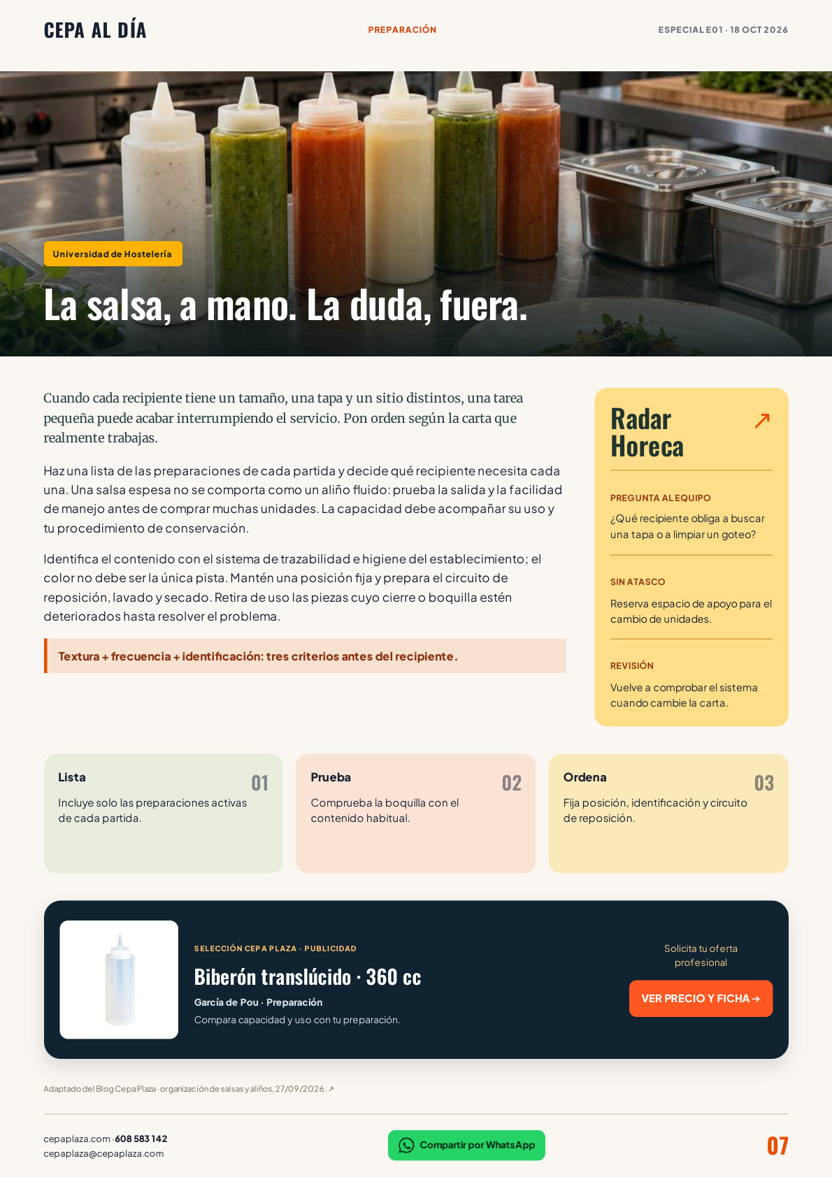 CEPA AL DÍA, página 7 de 12. La salsa, a mano. La duda, fuera.  Artículo completo disponible en Leer en texto.