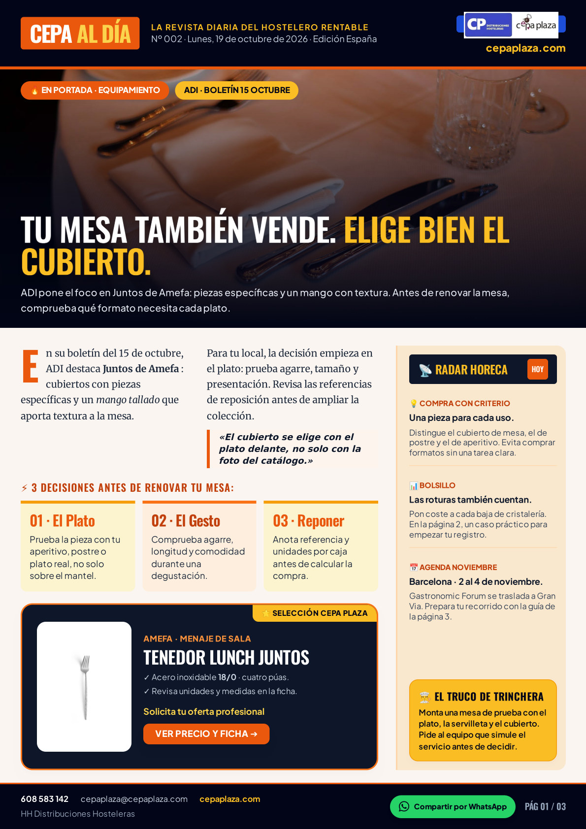 CEPA AL DÍA, página 1 de 3. Tu mesa también vende. Elige bien el cubierto. El servicio empieza antes del primer bocado. Artículo completo disponible en Leer en texto.