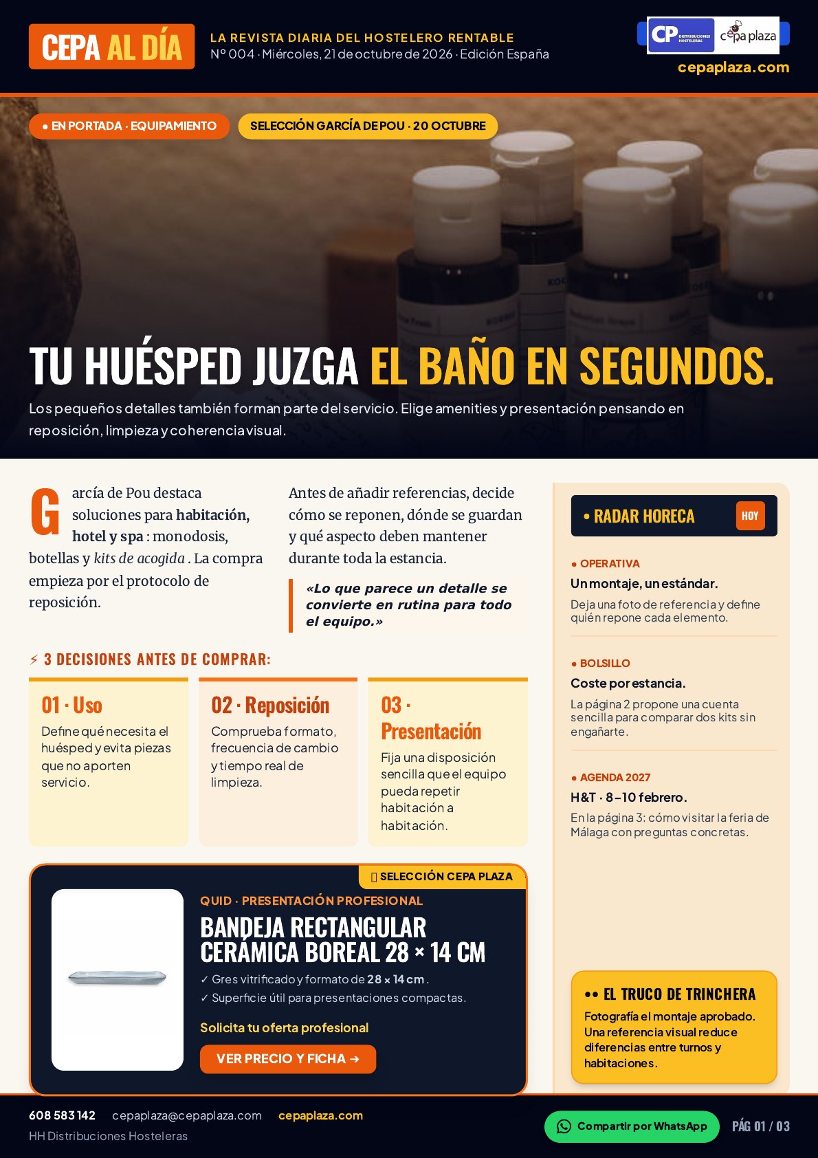 CEPA AL DÍA, página 1 de 3. Tu huésped juzga el baño en segundos. La primera impresión también se construye con orden. Artículo completo disponible en Leer en texto.