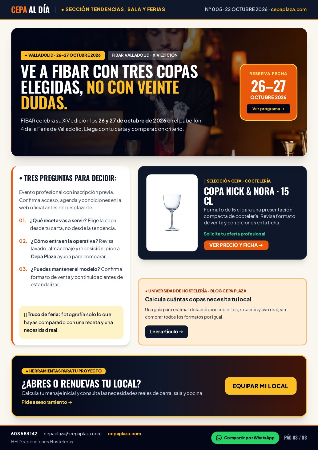 CEPA AL DÍA, página 3 de 3. Ve a FIBAR con tres copas elegidas, no con veinte dudas. La barra se decide con producto, gesto y servicio real. Artículo completo disponible en Leer en texto.