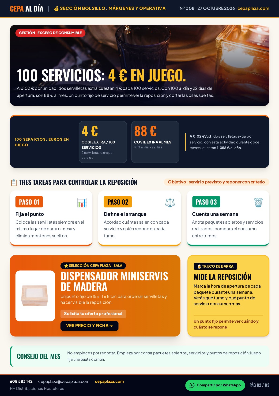 CEPA AL DÍA, página 2 de 3. 100 servicios: 4 € en juego. La servilleta parece pequeña hasta que se repite cien veces. Artículo completo disponible en Leer en texto.