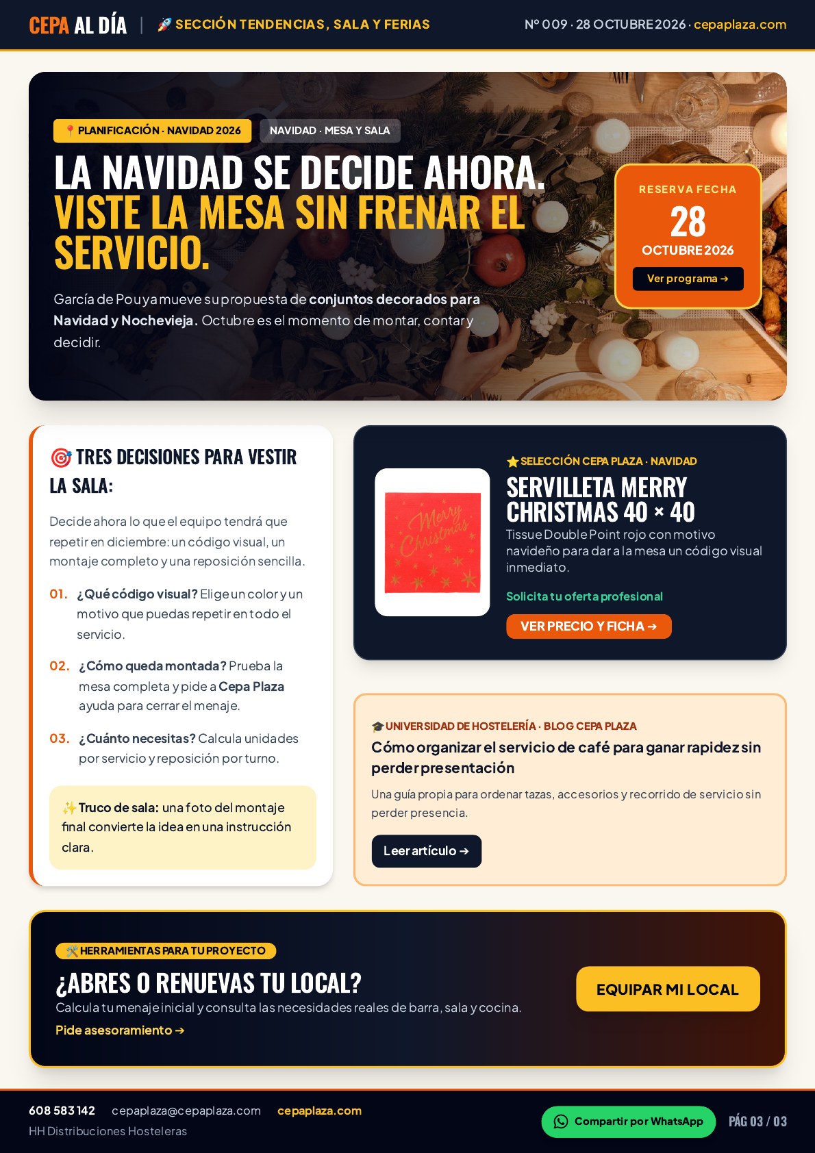 CEPA AL DÍA, página 3 de 3. La Navidad se decide ahora. Viste la mesa sin frenar el servicio. La mesa de Navidad funciona cuando el detalle se repite sin esfuerzo. Artículo completo disponible en Leer en texto.