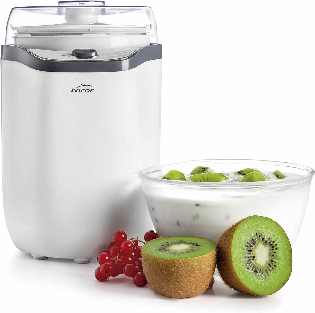 Lacor 69246 Yogurtera, Tapa de Plastico, Incluye Dos Contenedores 1.6 L y 1.8 L, Vasos Aptos para Lavavajillas, 8-14 Horas Preparación 20 W, Polipropilelo, 1.8 litros, Polipropileno, Blanco