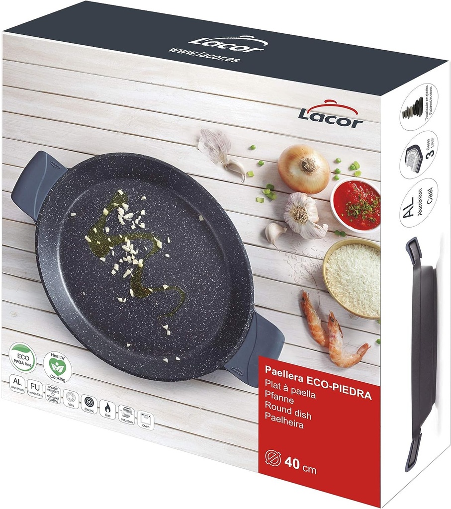 Lacor 25440 Paellera con Asas de Silicona, Recubrimiento Antiadherente, Apta para Inducción, Ecológica, Sin PFOA, Aluminio Fundido, 40cm, Negro