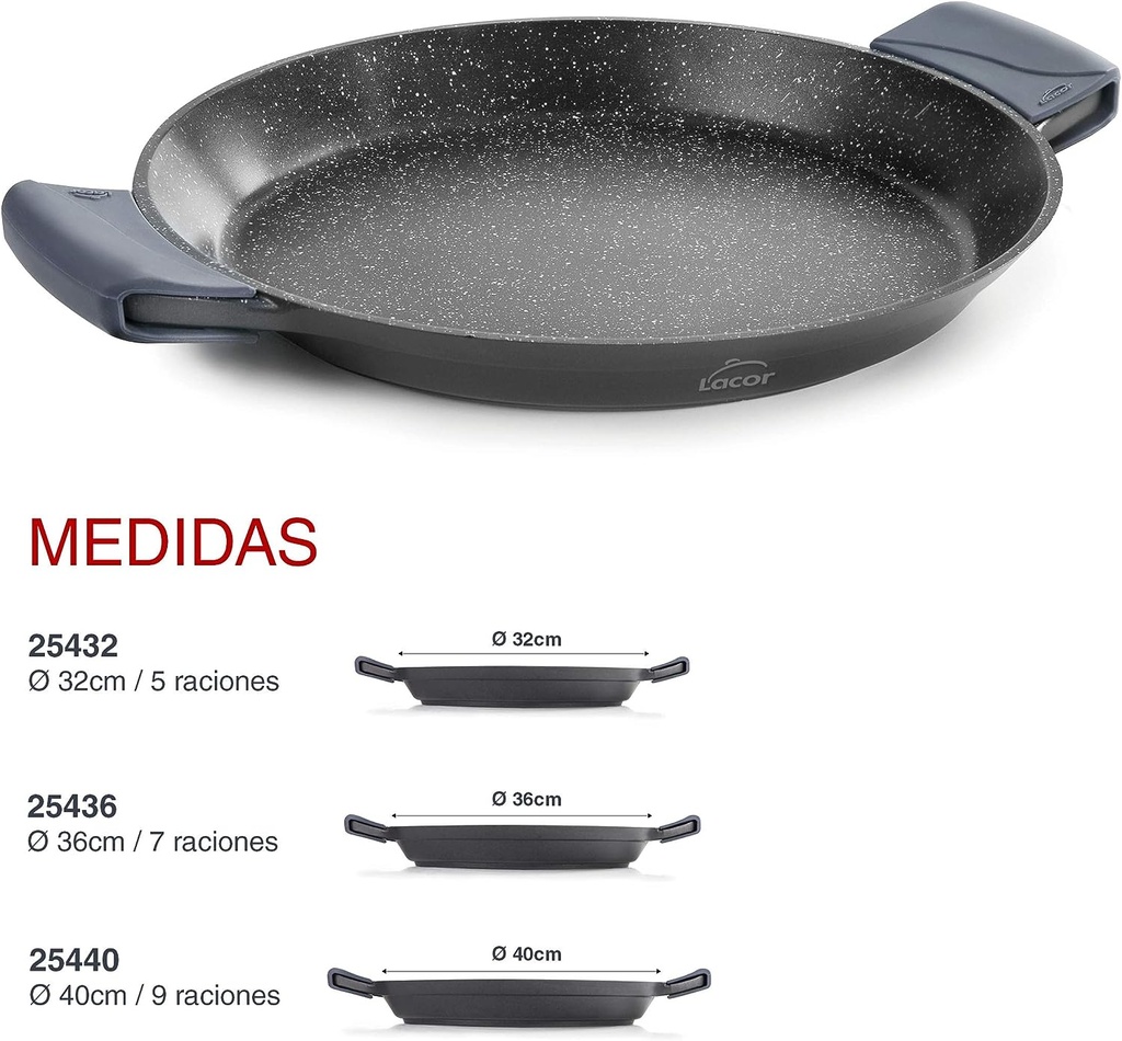 Lacor 25440 Paellera con Asas de Silicona, Recubrimiento Antiadherente, Apta para Inducción, Ecológica, Sin PFOA, Aluminio Fundido, 40cm, Negro