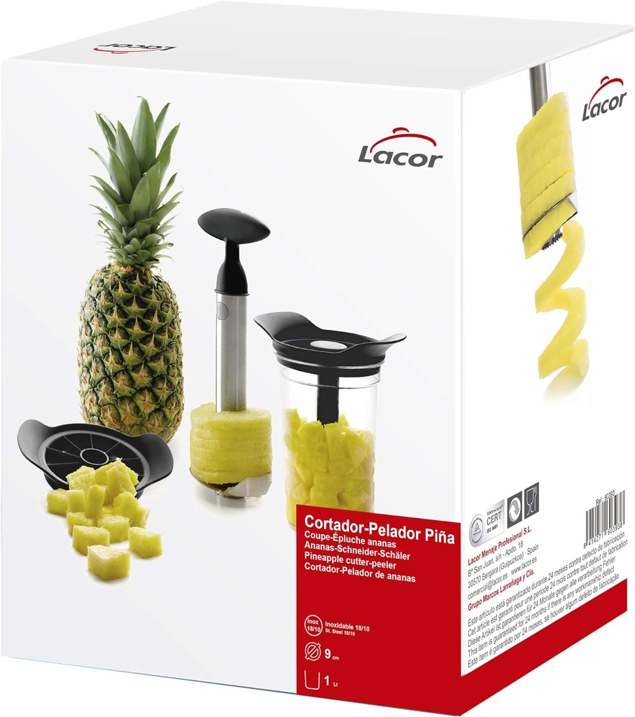 Lacor Cortador y Pelador de Piña con Bote, Cortapiñas 3 en 1, Incluye Recipiente Libre de BPA, Apto para el lavavajillas, Inoxidable 18/10, Negro, Diámetro: 9 cm