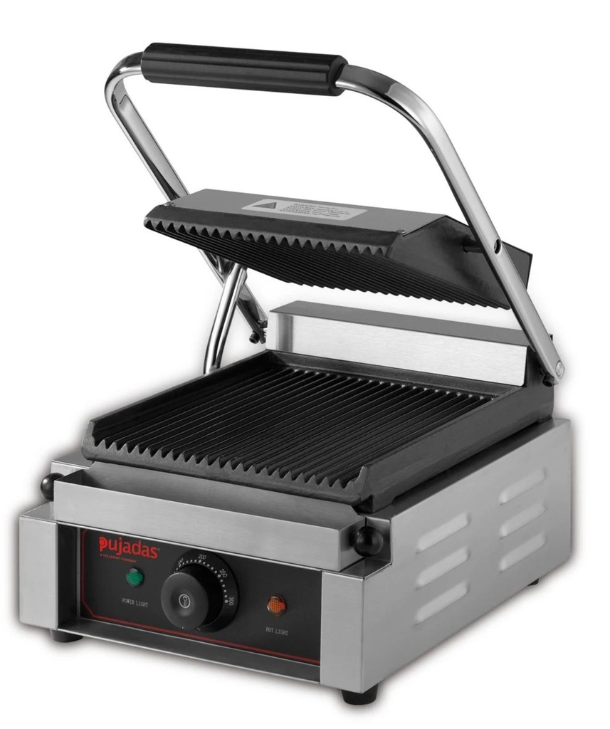 Grill de contacto “Solo compact” de acero inoxidable 18/10 con placas acanaladas de hierro fundido Pujadas