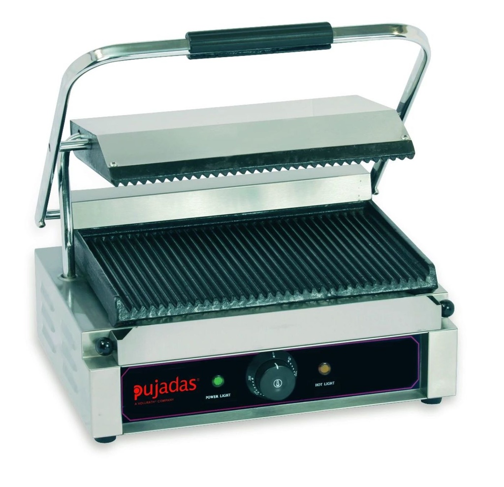 Grill de contacto “Solo grande” de acero inoxidable 18/10 con placas acanaladas de hierro fundido Pujadas
