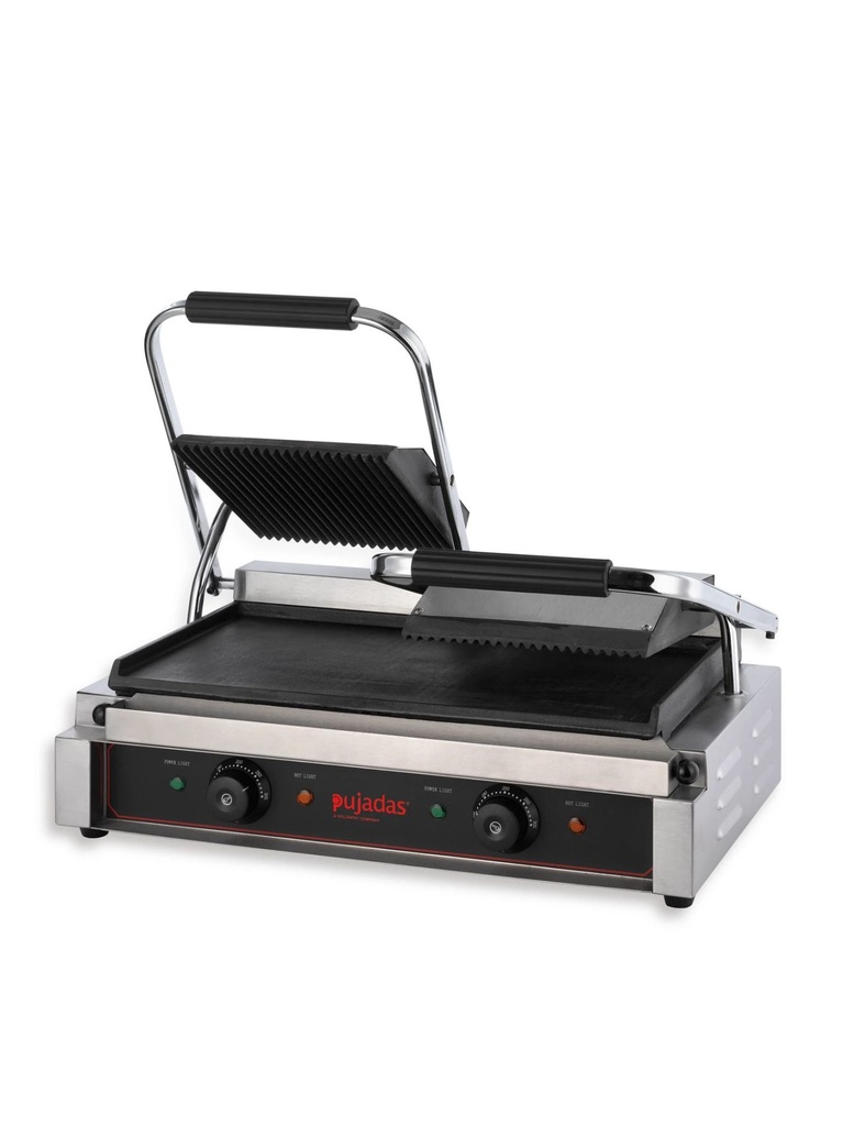 Grill de contacto “Duetto compact” de acero inoxidable 18/10 con placas acanaladas de hierro fundido Pujadas