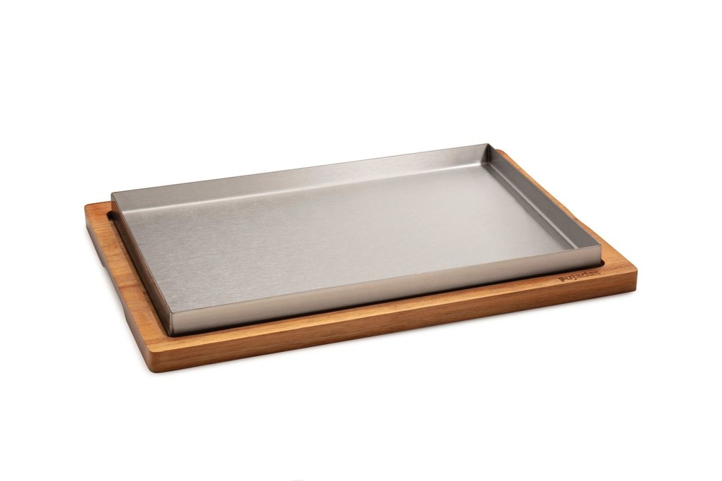 Llauna rectangular en acero inoxidable de 29,5 x 19,5 centímetros y bandeja con mango de madera de 33 x 23 cm Pujadas