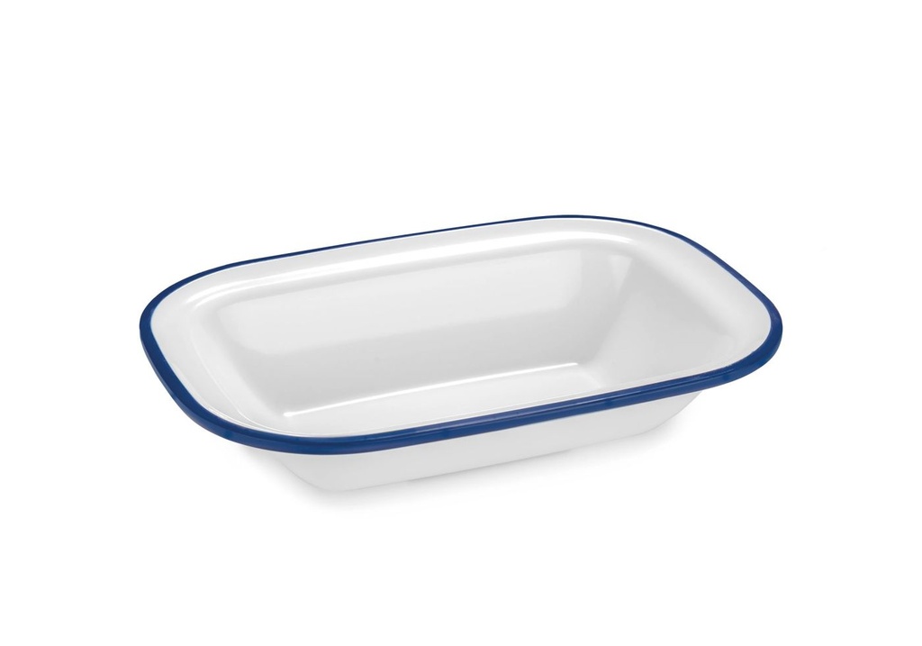 Fuente rectangular de 27 centímetros de melamina en blanco con borde azul Pujadas