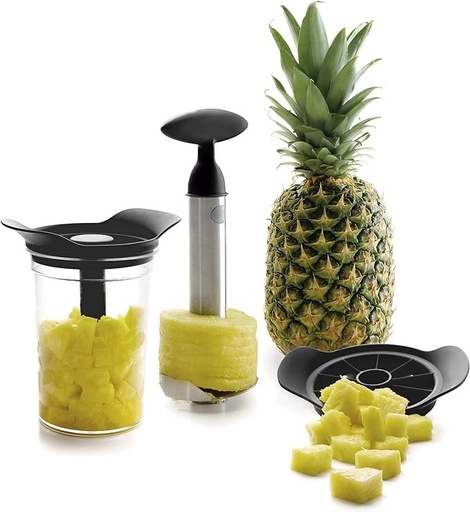 [1421201] Lacor Cortador y Pelador de Piña con Bote, Cortapiñas 3 en 1, Incluye Recipiente Libre de BPA, Apto para el lavavajillas, Inoxidable 18/10, Negro, Diámetro: 9 cm