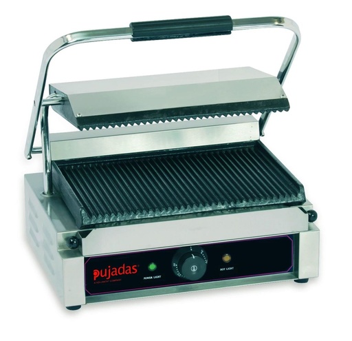 [9001938] Grill de contacto “Solo grande” de acero inoxidable 18/10 con placas acanaladas de hierro fundido Pujadas